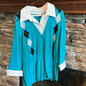 Sweater top. White collar shirt under and so cute for work